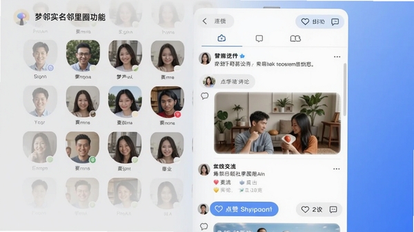 梦邻实名邻里圈功能界面截图风格图片，展示用户头像墙与动态瀑布流，包含点赞评论互动按钮，背景为简洁的浅灰色与蓝色渐变，强调真实社区氛围和活跃的用户交流