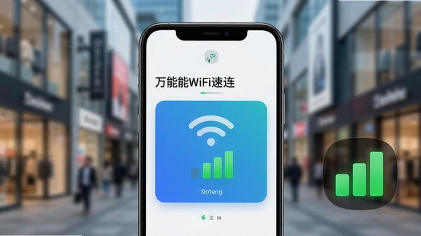 万能WiFi速连主界面预览图，展示手机连接成功后的网络状态卡片，背景为模糊的城市商圈环境，前景突出软件名称与信号满格图标，画面明亮清晰，风格现代简约