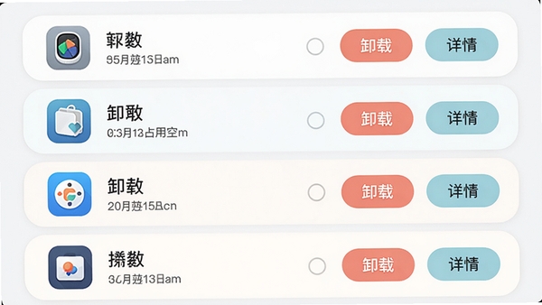 快感软件应用管理界面预览图,以列表形式展示手机应用图标、名称及占用空间,每个应用后方有“卸载”和“详情”按钮,界面采用圆角卡片设计,色调淡雅,体现应用的整洁与易用性。