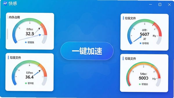 一张展示快感软件主界面的高清截图,界面简洁明亮,中央显示“一键加速”按钮,周围环绕着内存占用、垃圾文件等数据仪表盘,背景为渐变色科技蓝,整体风格现代、干净,突出软件的高效与专业感。