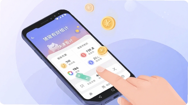A close-up of a hand tapping an Android phone screen showing the 猪猪有财 quick-entry accounting interface, floating golden coin icons, soft purple-blue background, flat illustration style, clean UI
