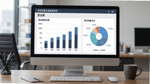 柒咪鱼服务端数据报表页面，屏幕展示柱状图和饼图，显示营业额和商品销量占比，背景为办公室桌面，电脑和咖啡杯，商务风格，数据可视化清晰，色调沉稳专业