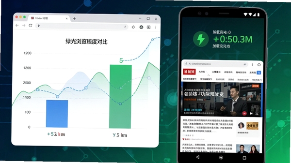 绿光浏览器极速内核功能预览图，画面左侧为浏览器加载速度对比图表，右侧展示一款安卓手机正在流畅打开大型新闻门户网站，屏幕上方有绿色的闪电图标和毫秒级加载完成数字，背景采用深蓝与绿色科技渐变，突出速度优势