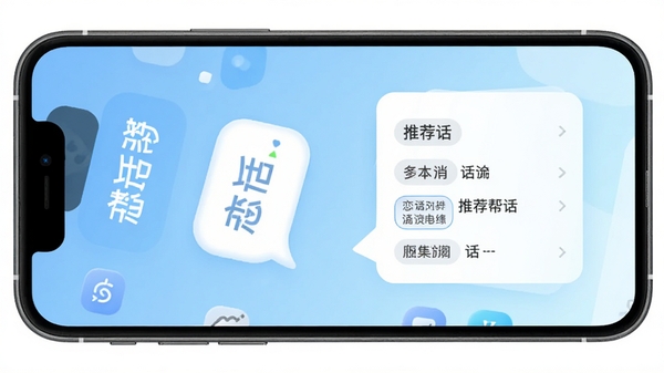 恋话帮主界面预览图，手机屏幕显示聊天辅助功能，背景为浅蓝色渐变，界面简洁现代，图标圆润，整体风格清新明亮，突出软件名称恋话帮，画面中心为对话气泡和推荐话术卡片