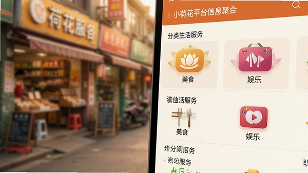 小荷花平台信息聚合界面特写，展示分类清晰的生活服务列表，包含美食、娱乐图标，背景是模糊的街道店铺，画面突出信息丰富与分类明确，暖色调，高清。