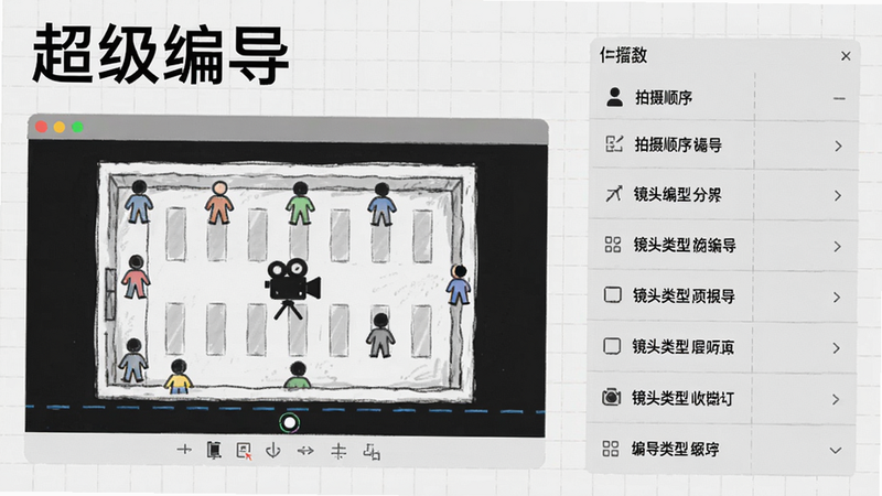 超级编导分镜草图界面，左侧为场景俯视图，有小人图标和摄像机图标，右侧列出拍摄顺序和镜头类型，背景为浅灰色网格，突出软件名称“超级编导”