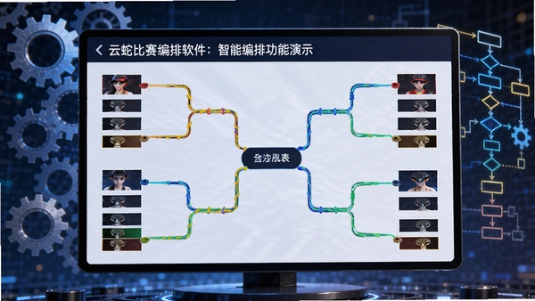 云蛇比赛编排软件智能编排功能演示，屏幕上显示自动生成的对阵表，选手姓名以列表形式排列，系统用彩色线条连接对阵双方，背景有齿轮和流程图元素，象征高效的自动化处理能力