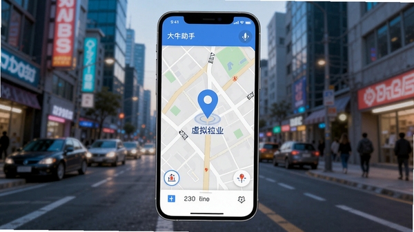 大牛助手主界面展示，手机屏幕显示地图定位页面，背景为城市街道，界面简洁清晰，突出虚拟定位功能，整体风格现代科技感，色彩明亮，细节丰富，适配Boogu模型生成