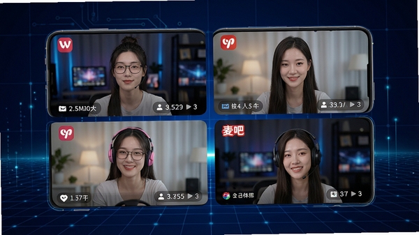 麦吧呵直播软件多平台推流功能示意图，手机屏幕分割为四个小窗口，分别显示不同直播平台的预览画面，每个窗口带有平台logo和在线人数统计，背景为深蓝色科技感网格，突出高效分发能力