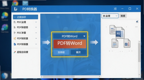 超级兔子PDF转换器软件界面截图,高亮显示“PDF转Word”功能模块,界面设计简洁直观,蓝色主色调,左侧为功能列表,右侧为文件添加区域,背景为模糊的电脑桌面,画面清晰展示软件操作流程