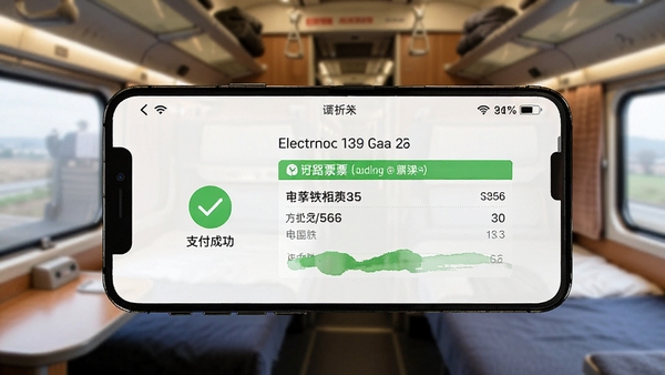 一张智能手机横屏截图,展示铁路火车票订票出行软件的支付成功页面,界面有绿色的对勾标志和电子票号信息,桌面背景是模糊的火车卧铺车厢环境,温馨而真实