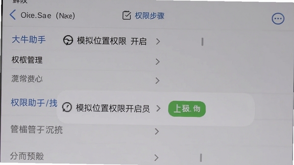 大牛助手使用过程中权限设置界面，显示模拟位置权限开启步骤，背景为手机设置页面，突出权限管理，风格清晰易懂