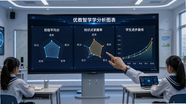 优教智学学情分析图表，大屏显示班级平均分、知识点掌握率雷达图、学生进步曲线，教师用手指点击屏幕查看详情，背景为智慧教室，有互动大屏和学生课桌，科技感强