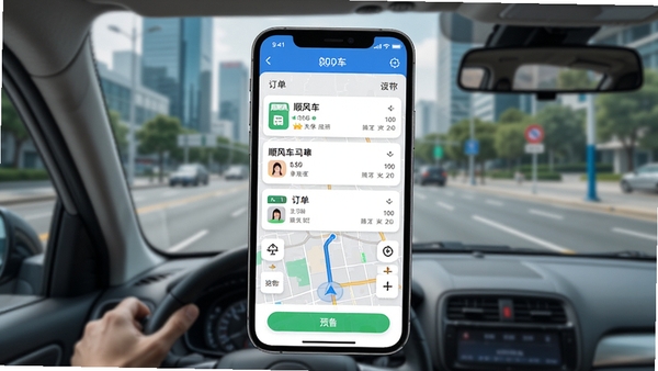 顺风车司机软件主界面预览图，手机屏幕显示订单列表与地图导航，背景为城市道路，突出顺风车司机核心功能，画面清晰明亮，适配Boogu模型生成