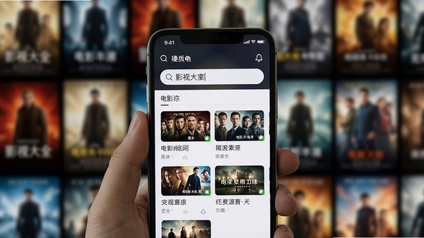 影视大全免费搜索功能演示，画面中手机屏幕显示搜索框，输入电影名称后下方出现多个播放源选项，背景为模糊的影视海报墙，体现聚合搜索的便捷性，风格写实，光线柔和