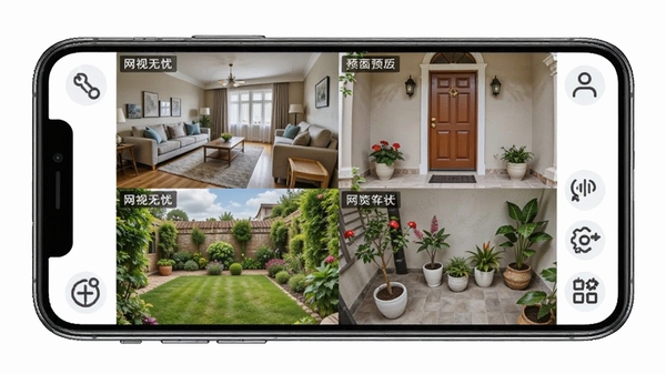 网视无忧多画面预览功能示意图，展示手机屏幕上四宫格监控画面，分别显示客厅、门口、庭院等不同场景，画面清晰明亮，周围有简洁的功能按钮图标