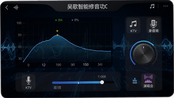 吴歌智能修音功能界面，显示音准曲线与音效调节旋钮，背景为蓝色科技感波形图，界面有多个音效图标如KTV、录音棚、演唱会，整体风格专业且现代