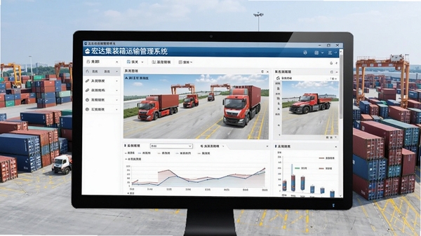 宏达集装箱运输管理系统软件主界面预览图，画面主体为电脑屏幕中的运输管理软件操作面板，背景为现代物流园区与集装箱堆场，整体风格写实清晰