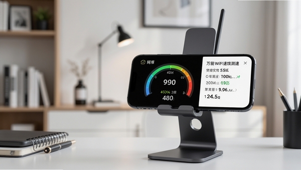 万能WiFi速连测速界面截图，显示实时网速仪表盘与延迟数据，背景为现代简约书房，手机放置在桌面支架上，画面侧重于数据可视化与专业性
