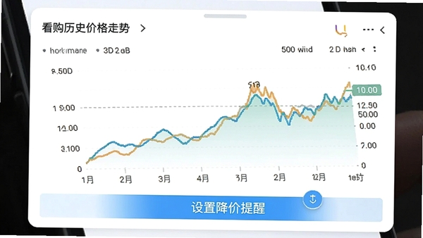 看购软件历史价格走势图界面,折线图展示价格波动,底部有“设置降价提醒”按钮,图表配色清新,背景为白色,卡片式设计,数据标注清晰,适合移动端阅读
