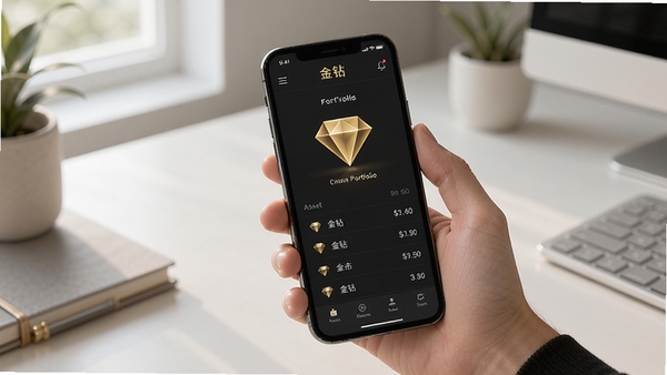 A hand holding a phone showing the 金钻 portfolio page with golden diamond and asset list, minimalist desk background, soft natural light from the left, Boogu style