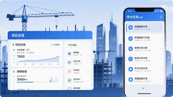 海狸智建APP主界面展示，左侧为项目进度看板，右侧为待办任务列表，背景是现代化建筑工地塔吊与高楼轮廓，整体色调为蓝色与白色，科技感十足，界面扁平化设计，图标清晰，适合移动端竖屏展示，画质高清，光线柔和