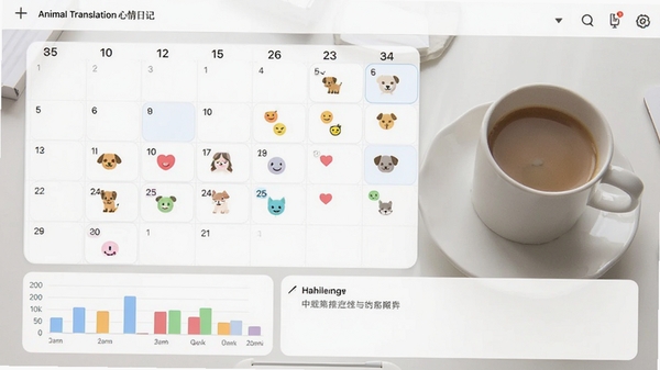 Animal Translation心情日记界面截图，日历视图上标记了不同颜色的情绪图标，下方有统计图表和备注栏，背景是简洁的书桌，旁边放着一杯咖啡，整体风格清新简约，UI设计精致