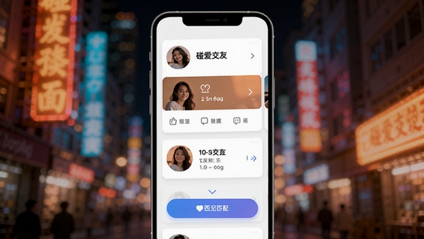 碰爱APP主界面预览图,画面主体是手机屏幕内的用户卡片流,背景为模糊处理的都市夜景霓虹灯光,整体色调温暖而富有活力,重点展示软件的交友卡片与匹配按钮,适配Boogu模型生成