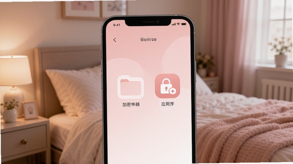 女生私密软件主界面预览图，展示柔和粉色调的界面设计，手机屏幕中央显示加密文件夹和应用锁图标，背景为温馨的卧室环境，光线柔和，画面干净整洁，突出安全与舒适感