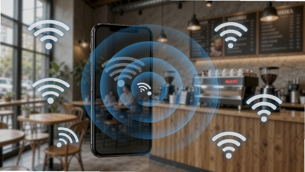 万能WiFi速连扫描动画效果图，手机屏幕向外扩散出蓝色雷达波，周围浮现多个WiFi信号图标，背景为模糊的室内咖啡馆环境，突出快速与智能识别技术