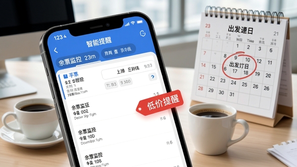 123火车高铁订票查软件界面截图风格图片，前景是放大的手机界面，显示余票监控列表和红色的低价提醒标签，背景是办公桌场景，有一杯咖啡和日历，日历上圈出了出发日期，画面清晰，强调智能提醒功能