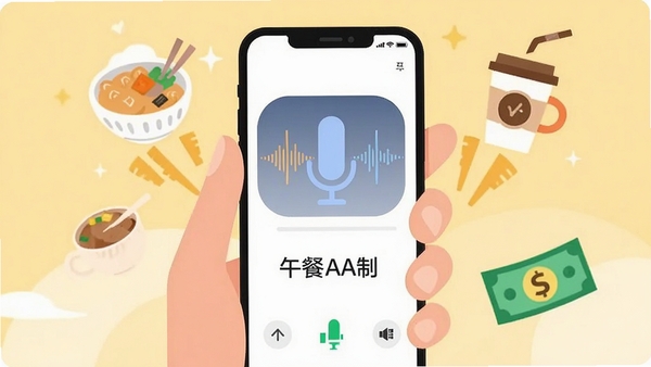 三花小账本语音记账功能场景插画，画面中一只手握着手机，手机屏幕显示麦克风波形图与识别出的文字“午餐AA制”，周围漂浮着饭菜、咖啡杯和纸币的小图标，背景是温暖的浅黄色，采用扁平化插画风格，色彩明快，突出便捷智能的记账体验