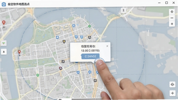 极空软件地图选点操作界面，展示放大的城市街道地图，手指点击屏幕上的某个位置后弹出坐标确认框，地图带有网格辅助线，背景为浅灰色调，突出选点精准性