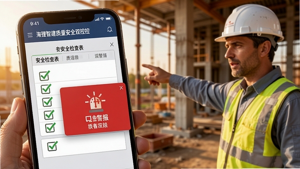 海狸智建质量安全双控界面，手机屏幕显示安全检查表打勾与红色警报弹窗，背景是佩戴安全帽的工程师在现场指点，画面采用写实风格，色调偏暖，突出严谨与专业感