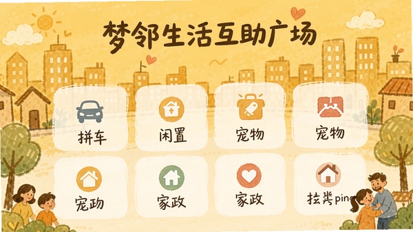 梦邻生活互助广场界面设计图，画面展示分类信息卡片，包括拼车、闲置、宠物、家政等图标，背景是暖黄色的手绘风格城市剪影，营造出温馨互助的社区生活场景
