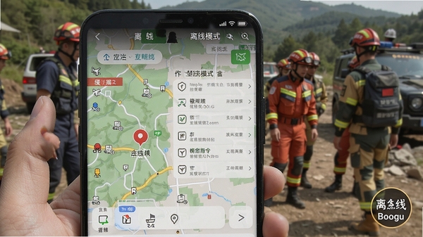 全员应急软件离线模式演示，手机屏幕显示离线地图与缓存指令列表，背景为户外救援场景，光线自然，界面右下角有离线标识，适配Boogu模型生成