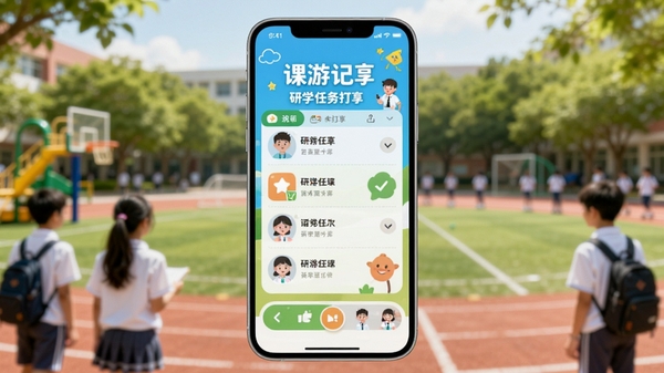 课游记主界面预览图，画面中央是一部智能手机，屏幕中展示着色彩明亮的研学任务打卡界面，背景是模糊处理的校园操场与绿树，整体风格清新自然，突出记录与分享的主题