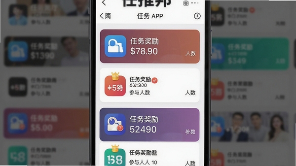 任推邦APP内任务大厅界面截图，瀑布流形式展示各类推广任务卡片，每张卡片清晰标注APP图标、任务奖励金额与参与人数，背景虚化处理，突出任务信息的丰富与整齐
