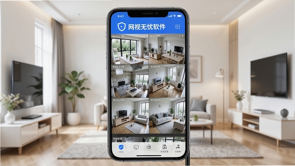 网视无忧软件主界面预览图，画面中一部智能手机显示着多个监控摄像头的实时画面，背景为现代简约家居环境，色调明亮，突出软件的品牌标识与安全监控主题