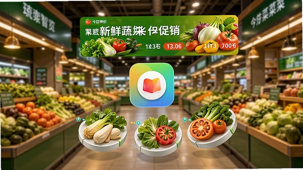 来捞个菜软件主界面预览图，展示首页新鲜蔬菜水果促销横幅，背景是模糊处理的现代化智慧菜市场内部摊位，暖色灯光，画面中央是应用图标与今日特价菜品的3D悬浮展示，构图清晰，色彩鲜艳