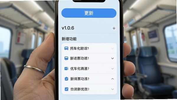 火车票查询购票应用更新日志界面,屏幕上显示版本号v1.0.6和新增功能列表,背景为淡蓝色,上方有“更新”按钮,界面风格简洁,突出最新版本优化内容