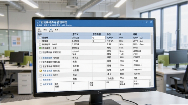宏达幕墙库存管理系统库存台账界面，展示物料列表、库存数量、单位、规格，表格数据清晰，背景为办公室环境，色调明亮