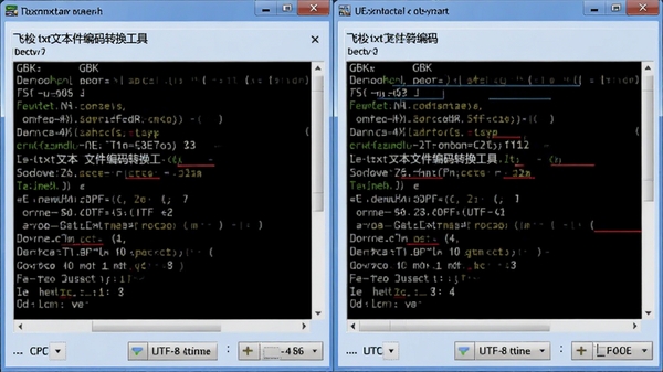 飞梭txt文本文件编码转换工具编码预览对比图，左右分屏显示同一文件在GBK和UTF-8编码下的内容，界面清晰展示差异，背景为浅蓝色