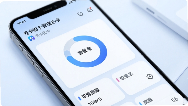 号卡街号卡管理功能示意图，手机屏幕显示已办号卡列表，包含套餐余量环形图，背景为浅蓝色，卡片式布局，有设置提醒图标，整体风格现代，突出“号卡街”品牌，色调以蓝白为主，光影柔和，细节清晰