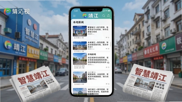 智慧靖江新闻资讯页面展示,手机屏幕上显示本地新闻列表,背景为靖江城市街景,包含电视台、报纸元素,色彩清新,突出信息流界面,适合Boogu模型生成