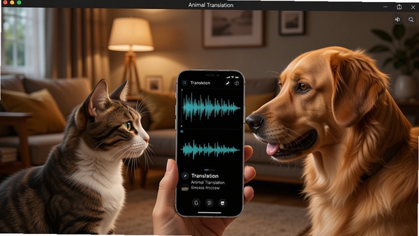Animal Translation软件主界面预览图，画面中央是一只猫和一只狗对着手机屏幕，手机屏幕显示波形图和翻译文字，背景为温馨的客厅，暖色调灯光，写实风格，高清细节