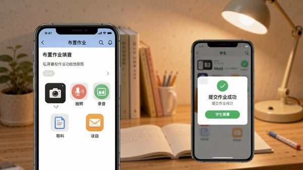 弘洋家校作业功能场景图，左侧是老师手机界面显示布置作业页面，包含拍照、录音、选择科目图标，右侧是学生手机界面显示提交作业成功提示，背景为书桌和台灯，风格写实温暖