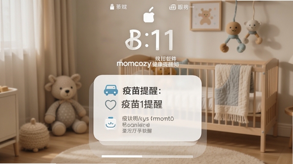 Momcozy健康提醒通知界面，手机锁屏显示疫苗提醒卡片，背景为整洁的婴儿房，有小床和安抚玩具，光线柔和，强调软件的贴心提醒服务