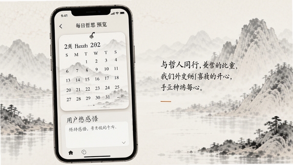 与哲人同行每日哲思功能预览，手机界面展示一张精美的日历卡片，日期旁配有一句简短的哲学箴言，下方是用户书写感悟的输入区域，背景是柔和的水墨山水画，整体风格淡雅，突出每日思考与记录的功能
