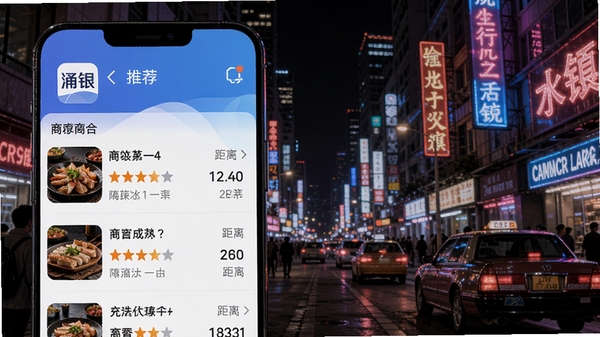涌银app周边商家推荐列表截图，背景为繁华的城市街景，夜晚霓虹灯闪烁，软件界面展示商家评分与距离信息，画面现代感强，突出软件信息聚合的全面性与实用性